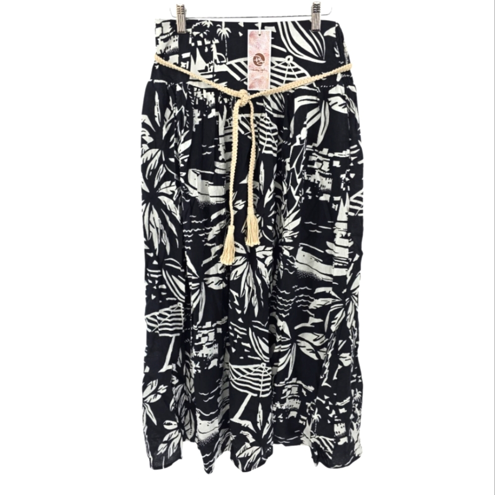Panama Jack NWT Maxi Skirt XS Tropical Seaside Print Black & Cream Linen Blend